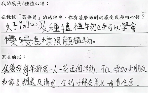 Student's Reflection: I was happy and have learnt how to take care of plants patiently.
Parent's Comment: I think the annual One Student One Flower can help students bond better with their parents and develop their sense of responsibility.
