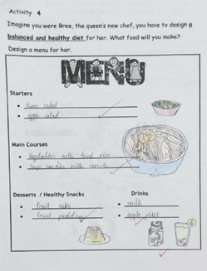 Students design a menu for the main character using    the target vocabulary learnt.