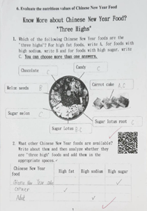 Students learn the names of Chinese New Year festive    food items and comment on their nutritious values.